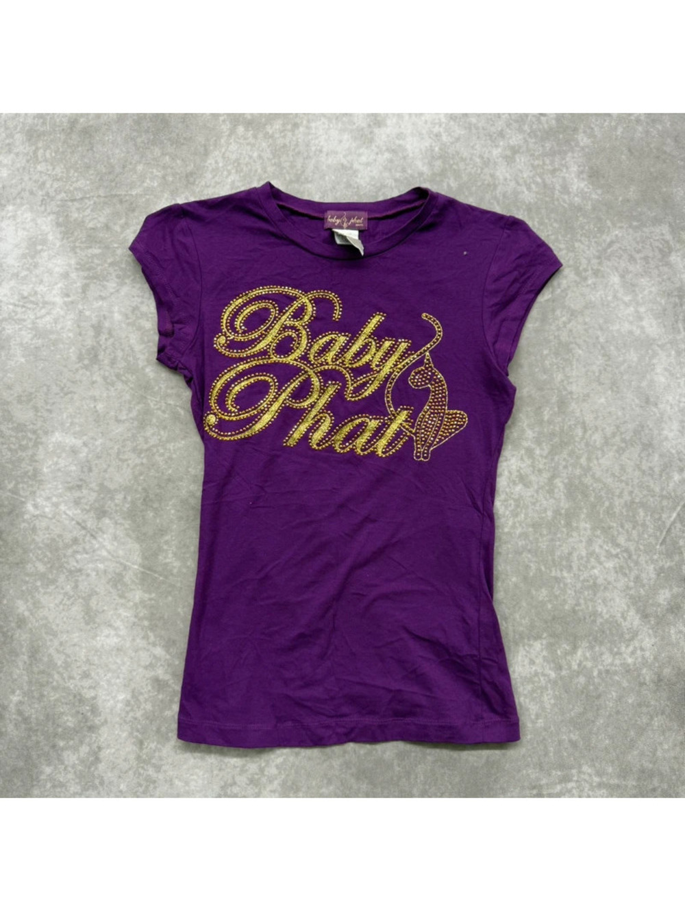 Vintage Y2K Baby Phat Purple Gold Rhinestone Script Graphic Tee Size Small NWOT